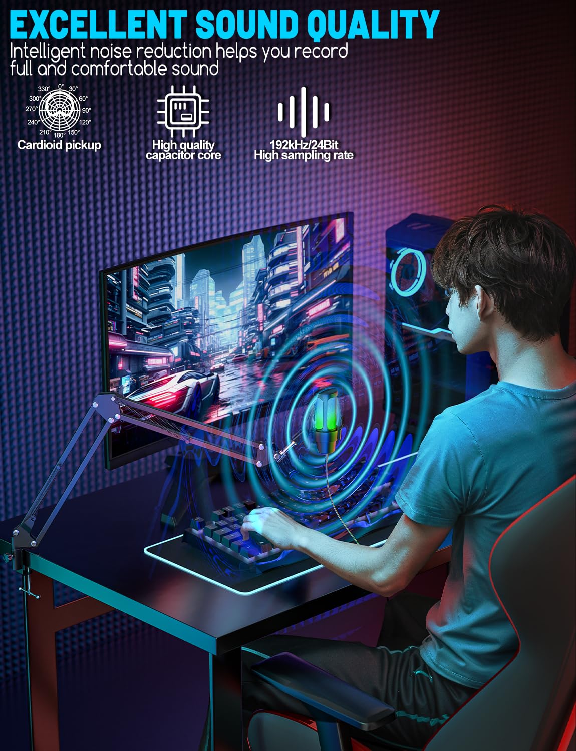 OBVHNUA - Micrófono de Condensador USB - Micrófono Streaming, RGB Microfono PC, Plug & Play PS 4&5, Filtro Anti-Pop, Silencio de Una Tecla para Podcast、Gaming、Youtube Mac&Windows (Negro-con Brazo)