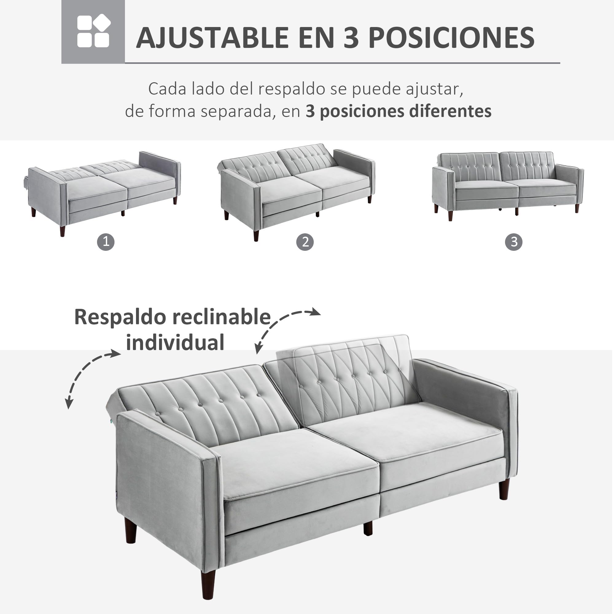 HOMCOM Sofá de 3 Plazas Convertible en Cama Tapizado en Terciopelo con Respaldo Ajustable y Patas de Madera Sofá Moderno para Salón Oficina 189x81x83,5 cm Gris
