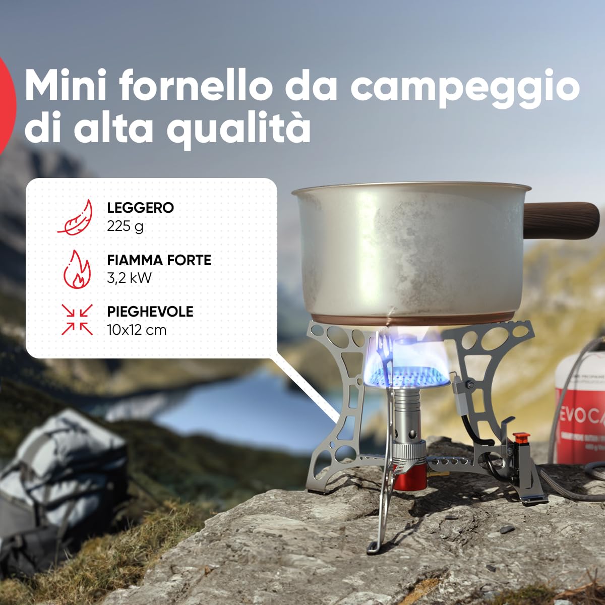 EVOCAMP fornello da campeggio compatto 3,2 kW con accensione piezoelettrica, fornello da campeggio, mini-fornello a gas - ideale per campeggio, pesca e attività all'aperto