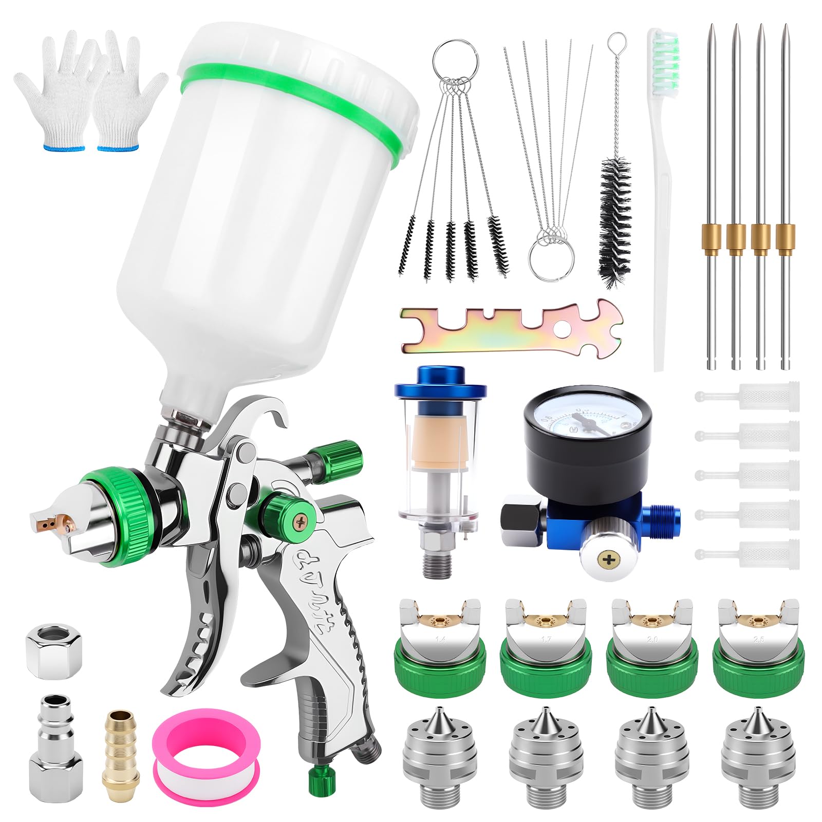 HVLP Pistola Verniciatura Professionale con 4 Ugelli 1,4/1,7/2,0/2,5 mm | Pistola a Spruzzo per Verniciare ad Aria Compressa con Kit di Pulizia, Serbatoio 600 ml per Pareti, Auto, Mobili