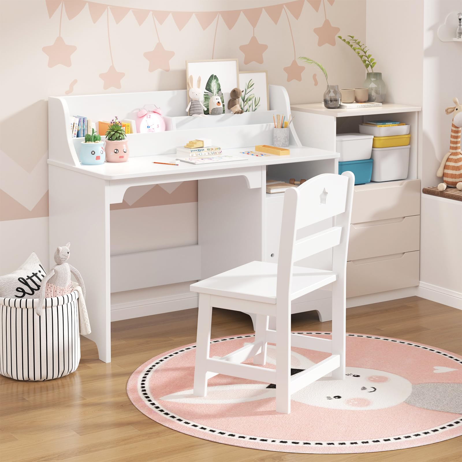 Garvee Escritorio de estudio para niños con silla, mesa de estudio de madera para niños con cabaña y armario de almacenamiento para niños y niñas de 3 a 12 años, escritorio de escritura para