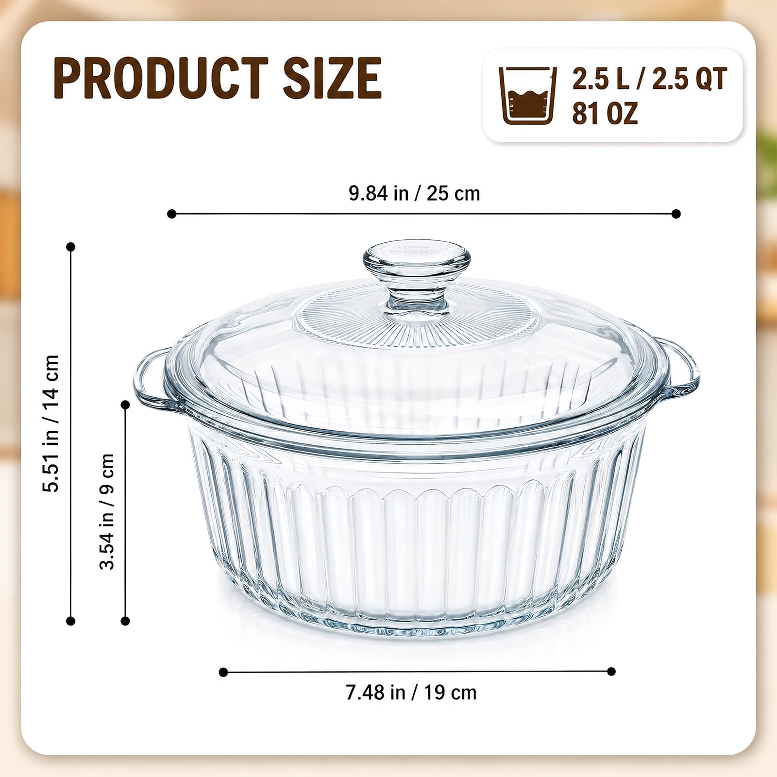 Casseruola in vetro da 2,5 l con coperchio, tonda, teglia trasparente con manici per cucinare, forno, forno a microonde