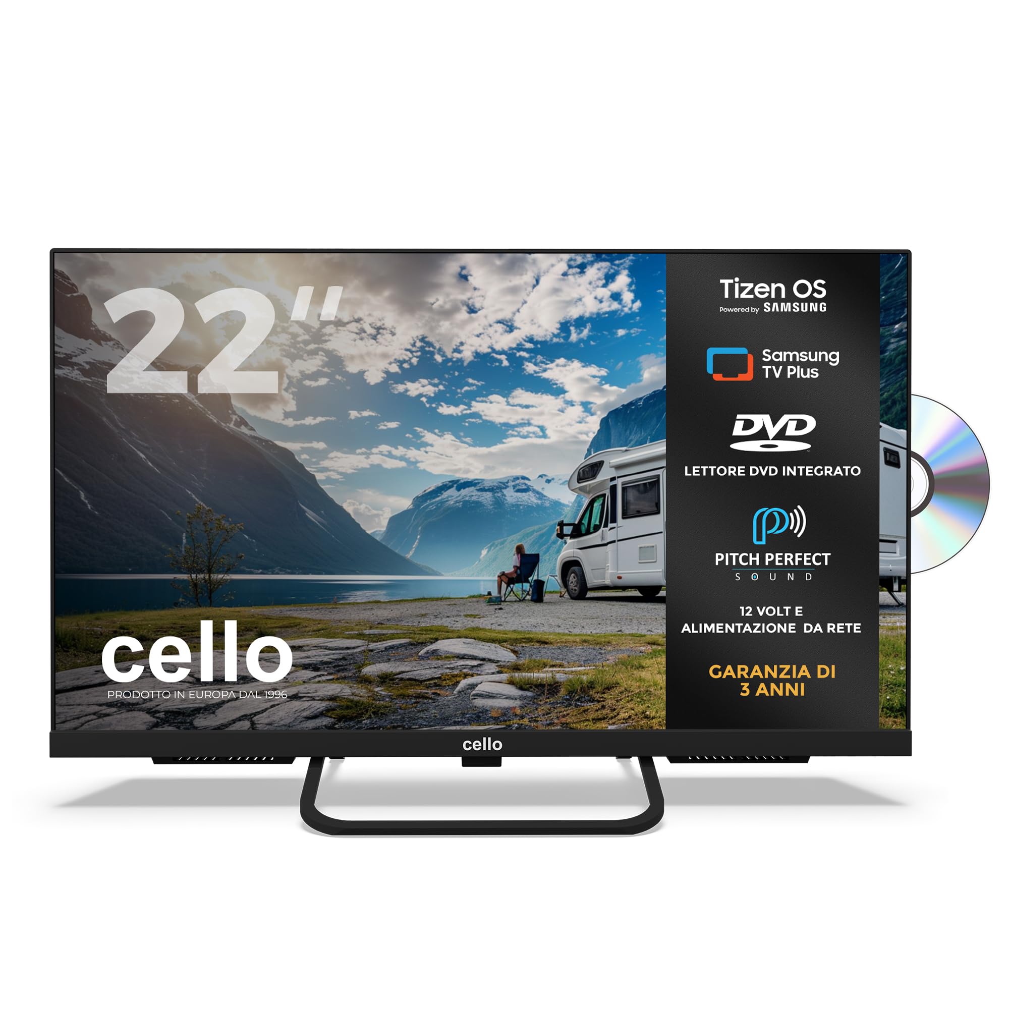Cello CTRAV-22TZF Smart TV LED 22" 12V con lettore DVD, Tizen OS di Samsung, Gaming Hub, altoparlanti Pitch Perfect, Bluetooth, triplo sintonizzatore, ideale per camper e campeggio