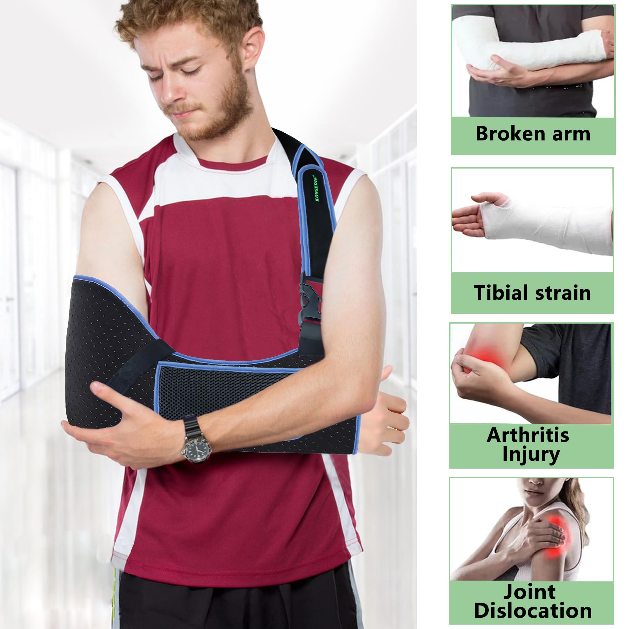 KONSEDIK Soporte de hombro para brazo, transpirable, acolchado con bolsillo y bucle para el pulgar, se adapta al brazo izquierdo y derecho, para puños rotadores, codo, muñeca y lesiones de clavícula