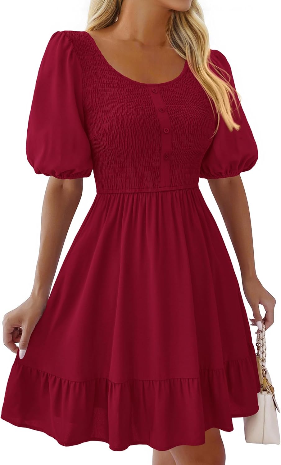 BTFBM Spring Empire Waist Dress for Women 2025 Summer Smocked Crewneck Puff Short Sleeve Beach Vacation Mini Dresses