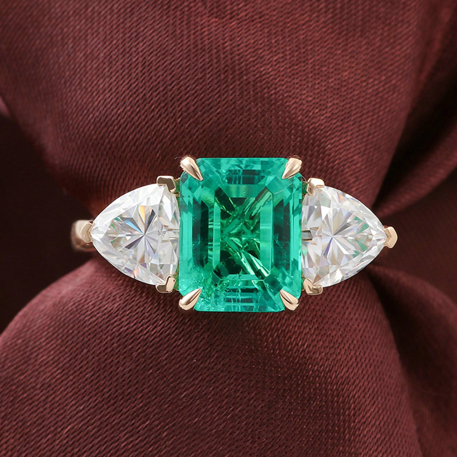 Anillo de compromiso de boda para mujer, anillo de oro amarillo de 18 quilates para mujer, elegante esmeralda creada rectangular de 4 garras, 1 quilate, 3 quilates y moissanita, oro amarillo