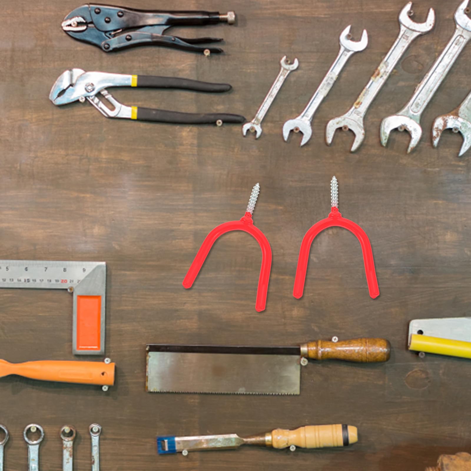 Ganchos Multiusos de Acero en Forma, 16 Unidades Rojos Tornillo para Herramientas de Jardinería, Perchas de Alta Resistencia para Garaje y Organización del Hogar