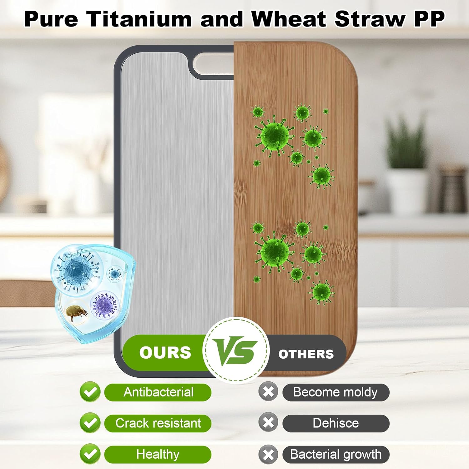 Titanium Cutting Board for Kitchen,2-in-1 Double Sided Food-Grade Pure Titanium&Wheat Straw PP,Non-Toxic，Non-Slip，Ideal for Meat,Fruit，Vegetables & Family Cooking ，Easy to Clean Large Size 15.2”×10.5”