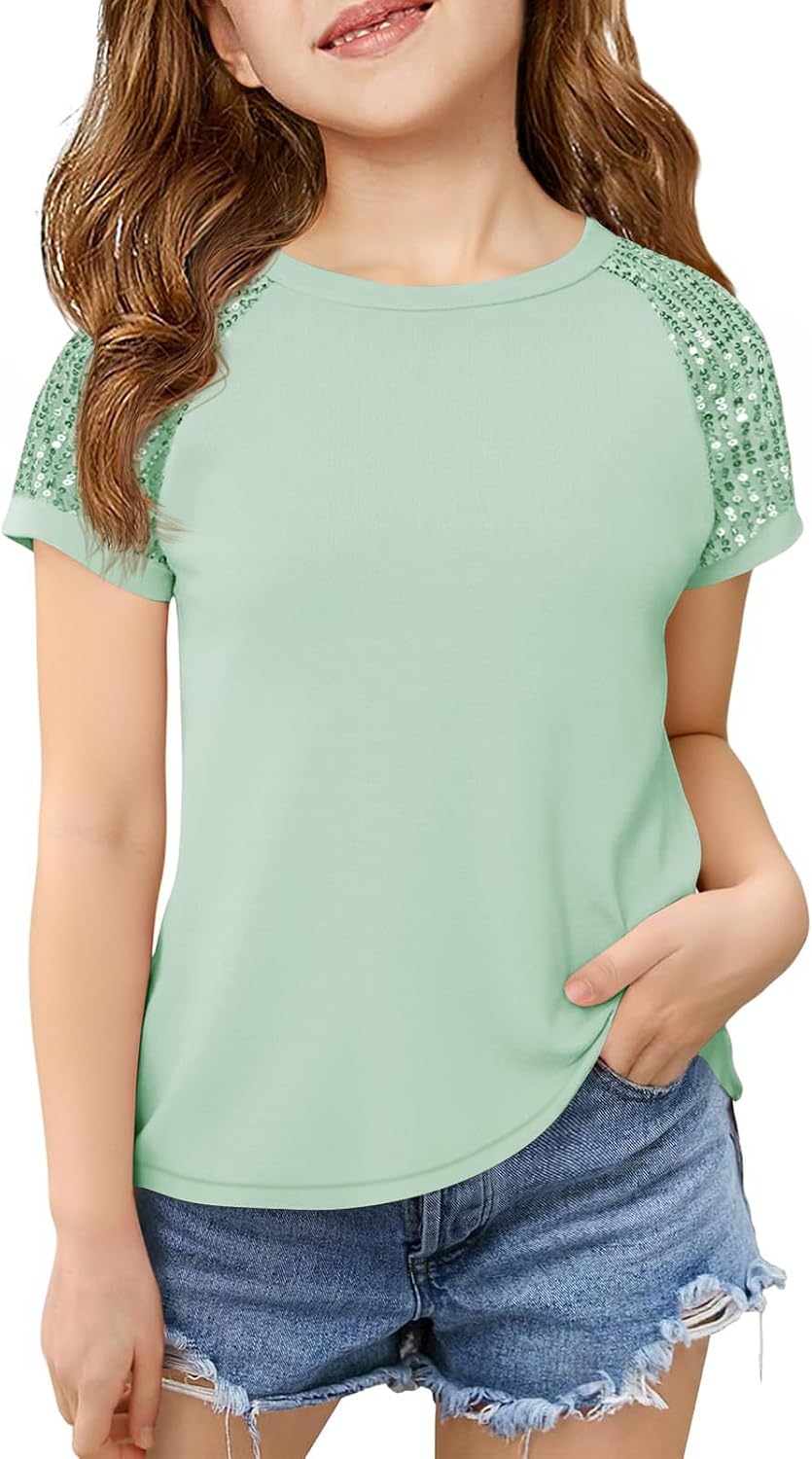 Haloumoning Girls Sequin Short Sleeve T Shirts Kids Summer Crewneck Tops Fashion Tees 5-14 Years