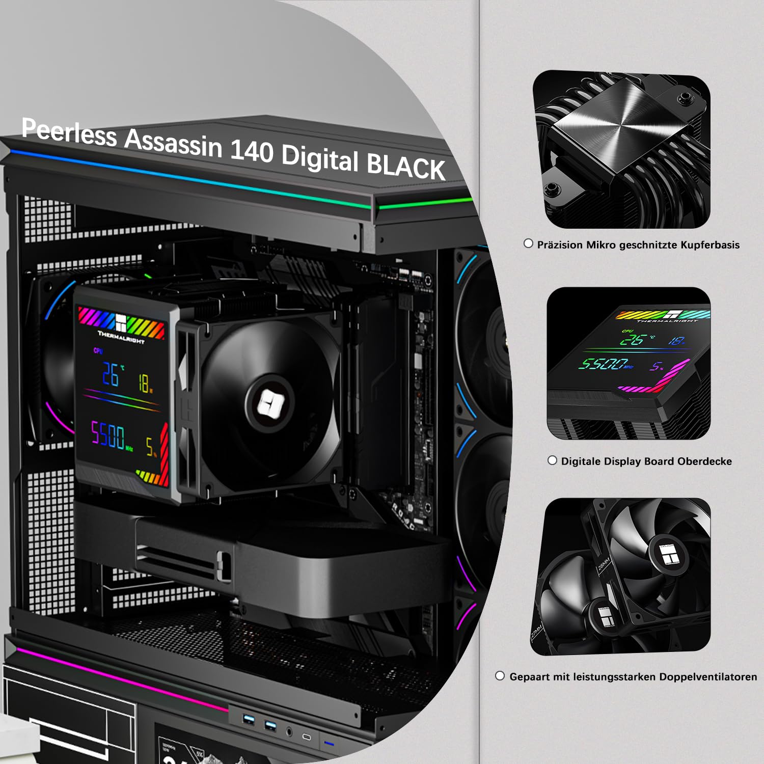 TR-Thermalright Peerless Assassin 140 Digital Black CPU, doble torre con 6 heatpipes, ventilador de doble CPU, 1850 rpm, cubierta superior de placa de pantalla digital magnética, para AM5/LGA1851