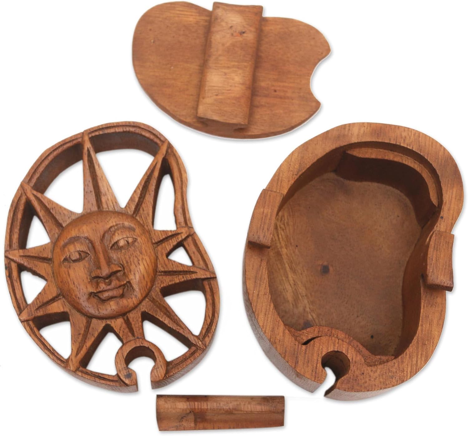 NOVICA Artisan Handmade Wood Puzzle Box Suar with Sun Motif Brown Indonesia Sculpture Moon 'Sun's Treasure'