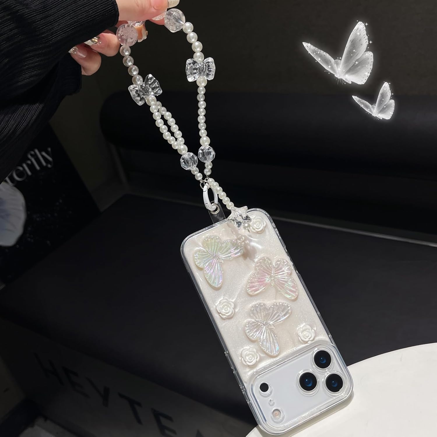 for iPhone 17 Pro Max Glitter Butterfly Case,Cute Girly 3D Flowers Floral Pearl Bling Sparkle with Wrist Strap Chain Soft TPU Aesthetic Women Girls Phone Case for iPhone 17 Pro Max 6.9",White - Image 2