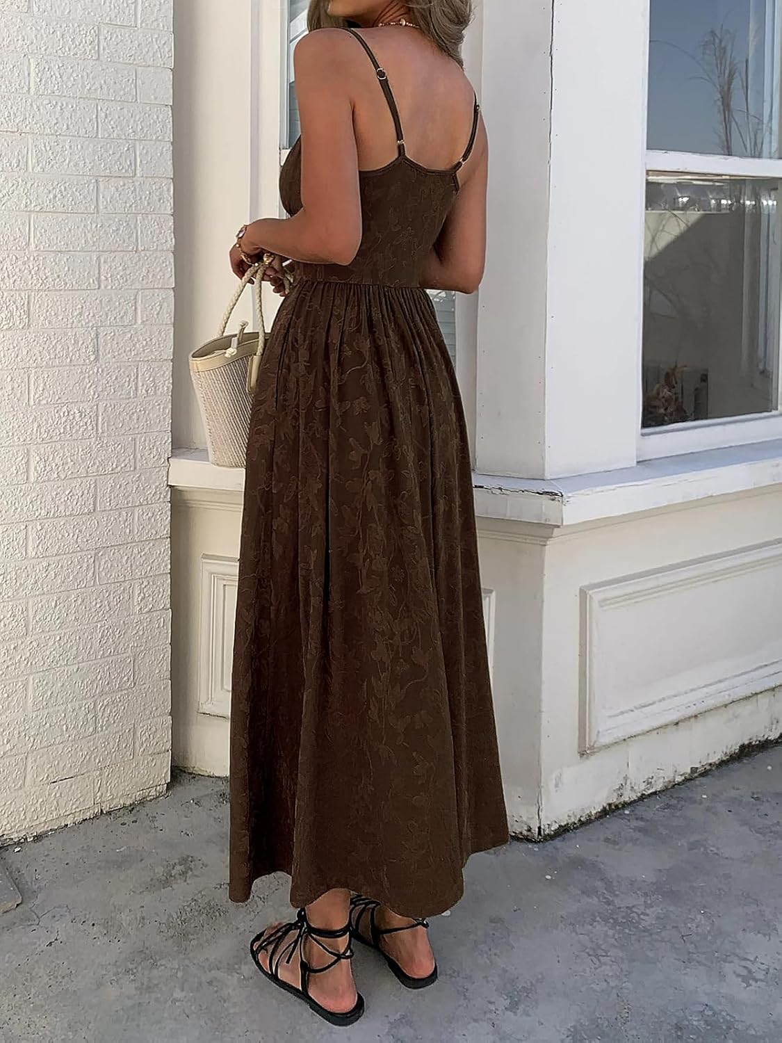 Women’s Floral Maxi Dress Spaghetti Strap Sleeveless Summer Dress Tie Front A Line Casual Long Dress with Pockets