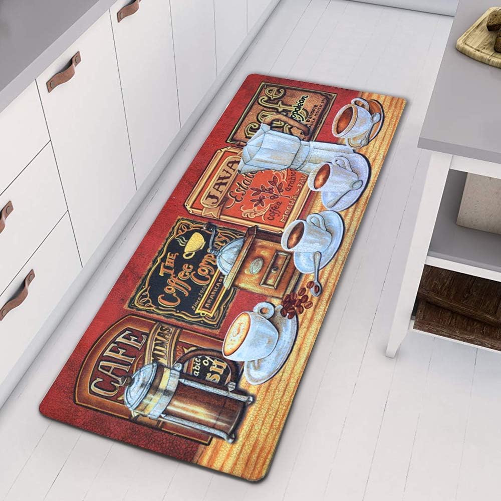 HEBE Vintage Runner Rug for Kitchen Floor Laundry Room Durable Waterproof Cushioned Kitchen Runner Floor Mat Door Mat Area Rug 20"x48",Coffee Time
