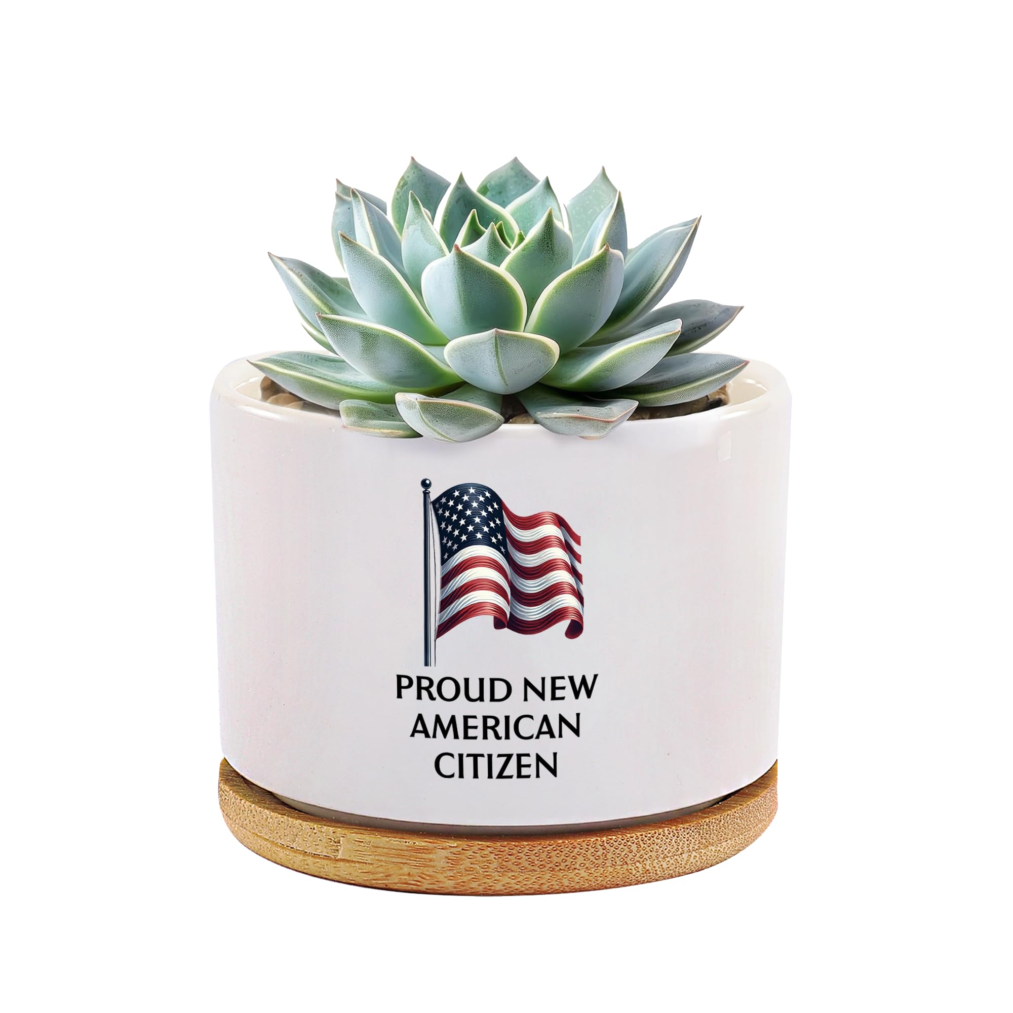 Proud New American Citizen US Citizenship Gifts Celebrations American Flag Ceramic Succulent Plant Pot with Bamboo Tray Round Plant Lover Gifts Home Office Decor 3.5 Inch White (No Plants)