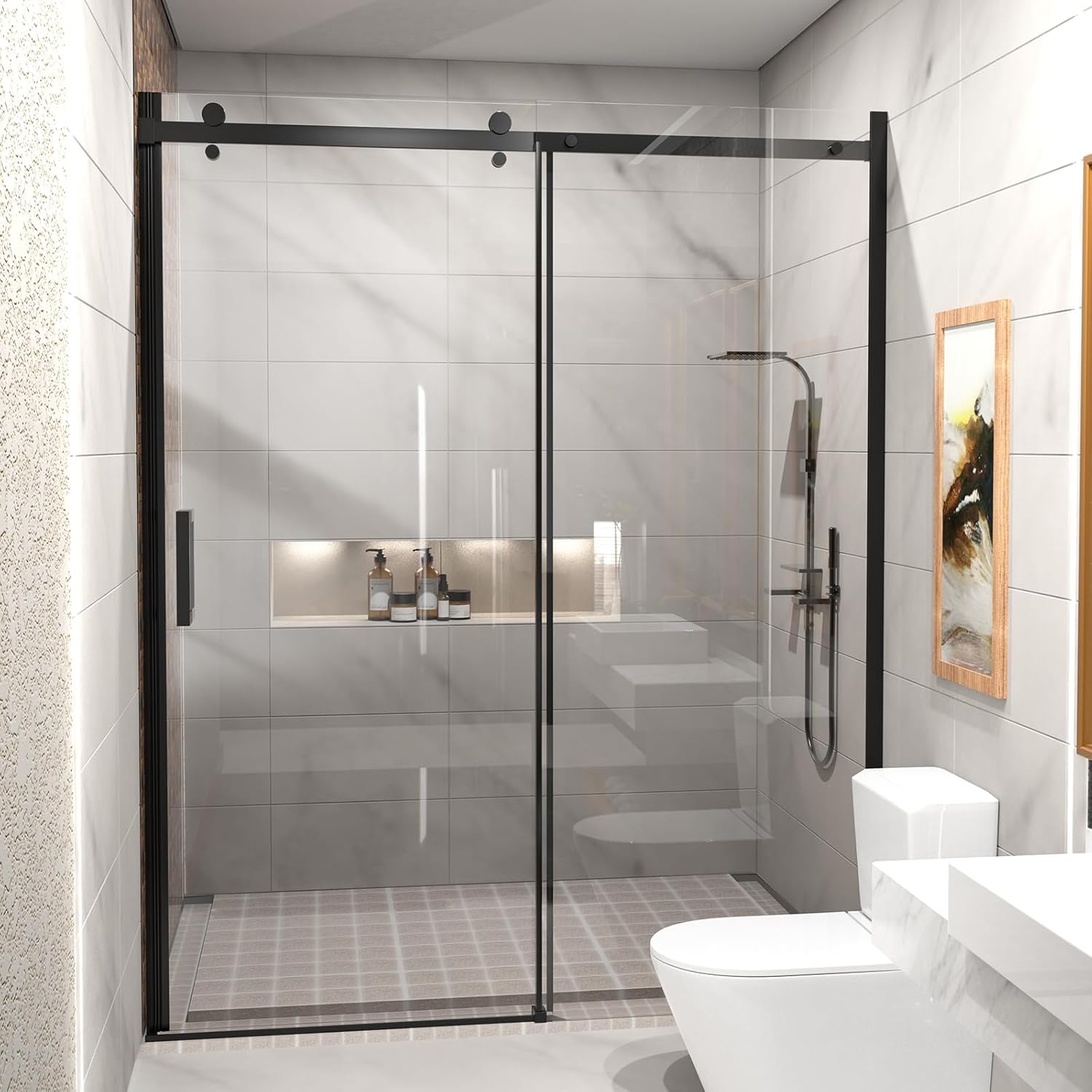 Frameless Shower Door, 5/16" (8mm) Clear Tempered Glass Shower Door, 56-60" W x 74" H, Quiet Soft-Close, Reversible Installation, SGCC Certified (Matte Black-Singel Sliding Style A, 60" W x 74" H)