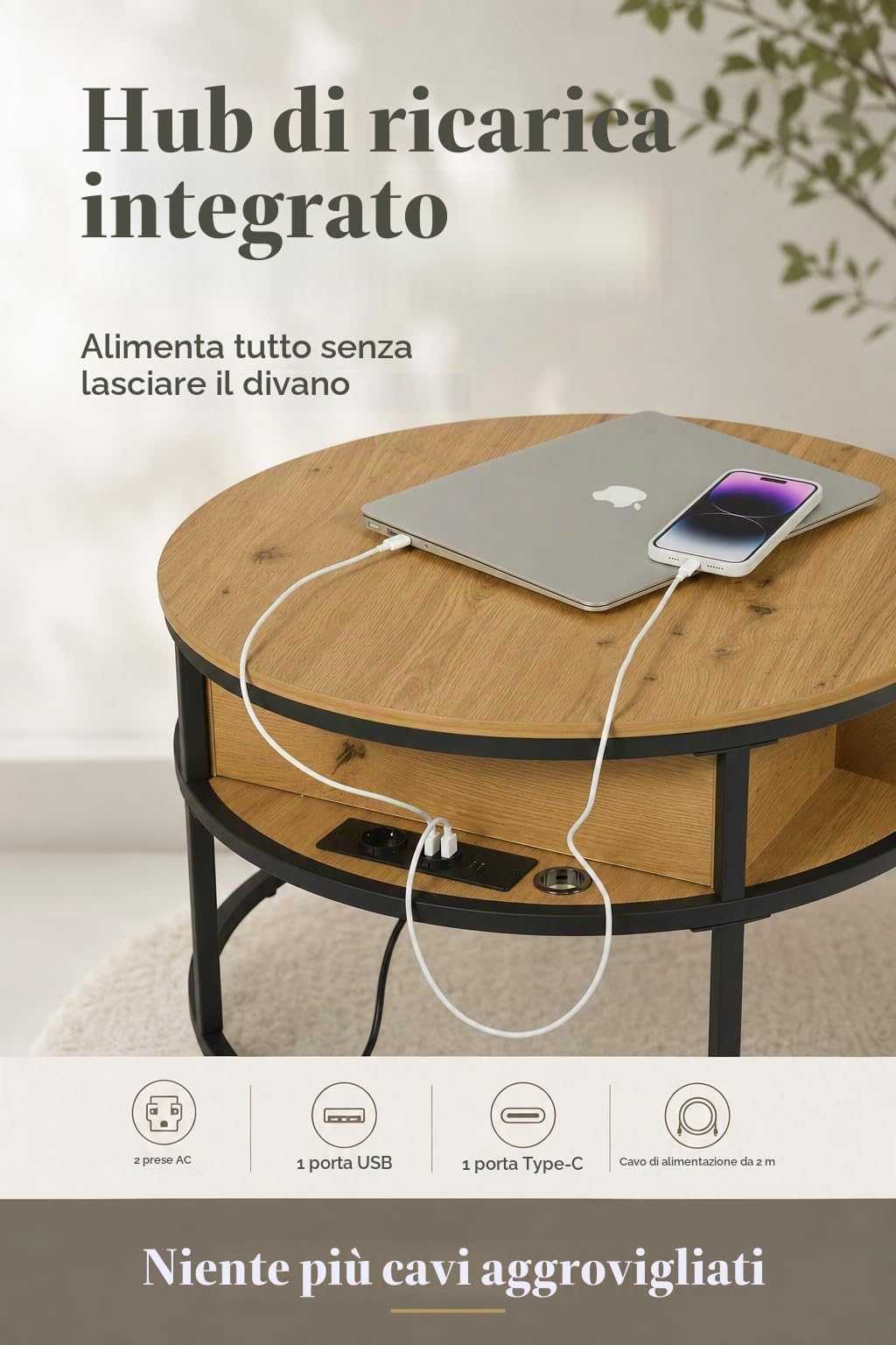 Tavolino Salotto Rotondo 80cm con Prese e USB, Tavolino Rialzabile con Luci LED e Cassetto, Tavolo da Salotto Trasformabile per Soggiorno Camera Ufficio