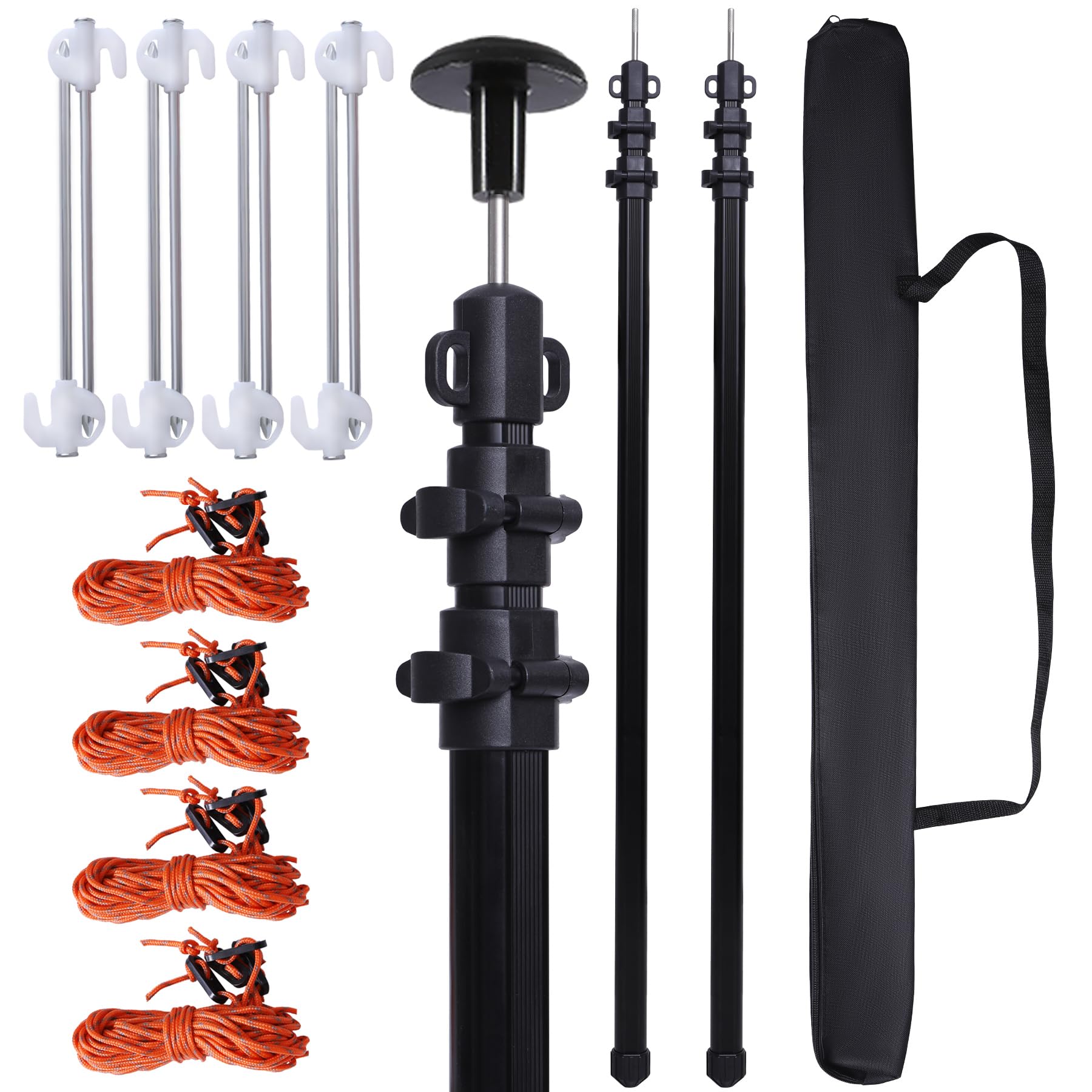 REDCAMP 2 Telescopic Tent Poles, 2.3M Extra Stable Extendable Tarp Poles with 4 Wind Ropes 4 Tent Pegs, Adjustable Camping Poles for Awning Canopy Porch Sun Sails Tarpaulin Headroom