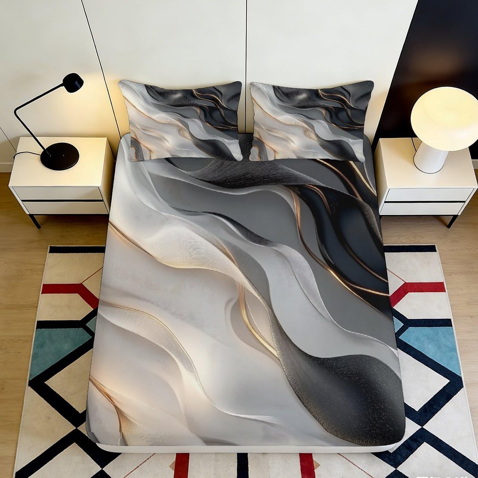 3D Printed Abstract Marble Fitted Sheet Microfiber Soft Slip-Resistant Grey Gold Wave Mattress Cover Bedroom Decor 160x200x25cm