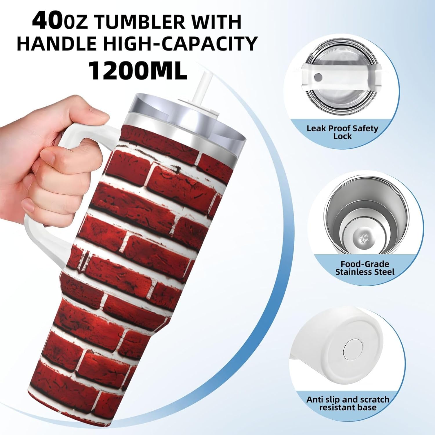 40 OZ Brick Red Stone Print Ice Bully Cup with Handle Straw Lid Straw,Stainless Steel Tumbler Coffee Cup