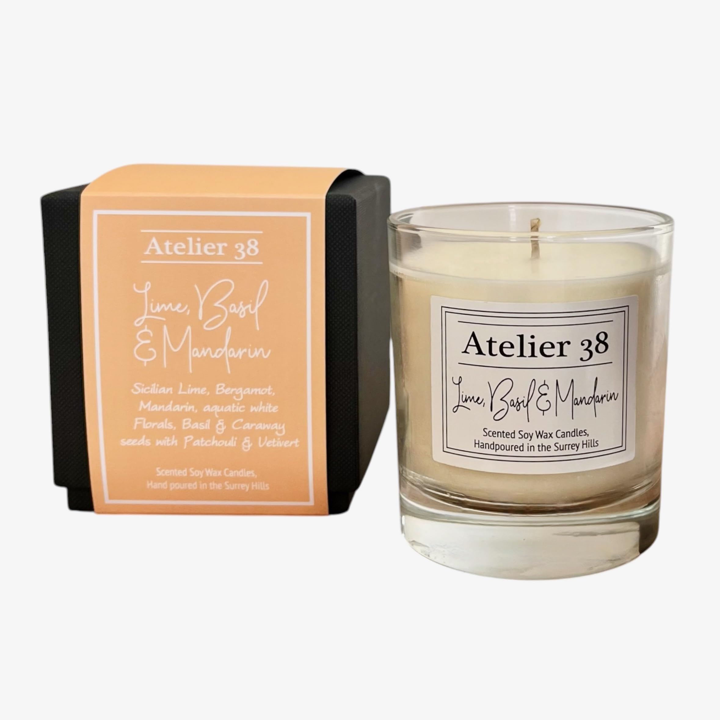 Atelier 38 Lime Basil & Mandarin Scented Candle 210g - Luxury Soy Candle, Up to 50 Hour Burn Time, Candle Jar Home Fragrance, Long Burning Candle, Housewarming Gift, Made in Surrey Hills