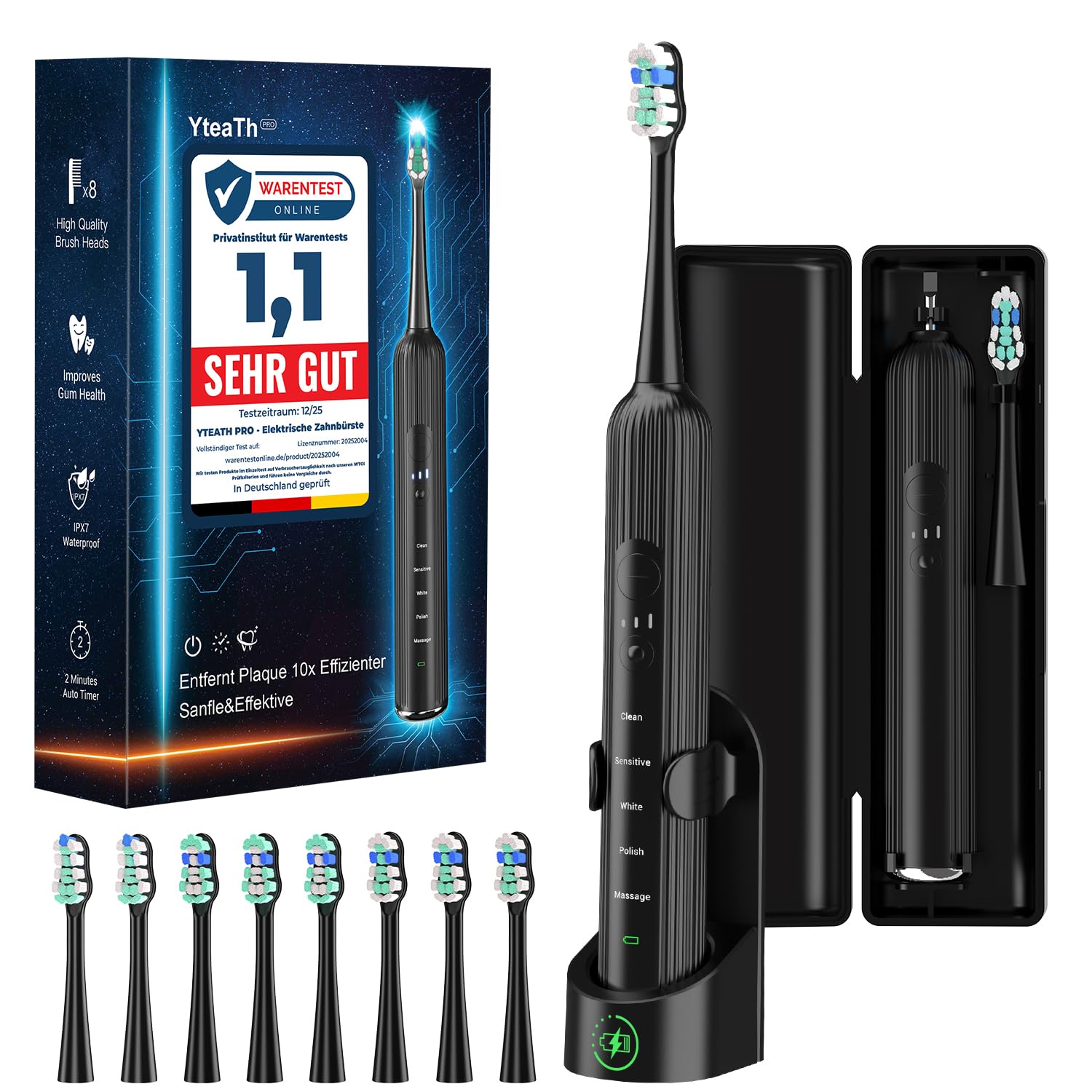 Electric Sonic Toothbrush for Adults and Children, 5 Cleaning Modes with 3 Intensity Levels, 8 Replacement Brush Heads  Travel Case, Rechargeable Sonic Toothbrush