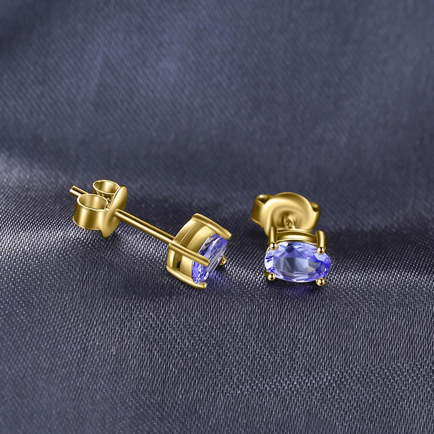 JewelryPalace Pendientes Mujer Plata Oro 14k Oro Rosa Solitario, Pendientes de Tuerca 1ct Tanzanita Azul Púrpura Ovalada, Pendientes Pequeños Mujer Piedras Naturales, Pendientes Niña Joyas Elegantes