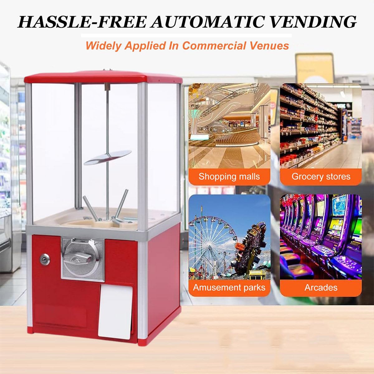Komercyjny automat z cukierkami z obrotem o 360°, blokadą, do gumek, małych cukierków, orzechów