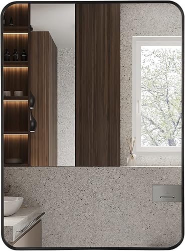 WINGSTEC Espejo rectangular negro, espejo rectangular de pared de 28 x 36 pulgadas con marco de aluminio biselado mate y vidrio HD para baño,