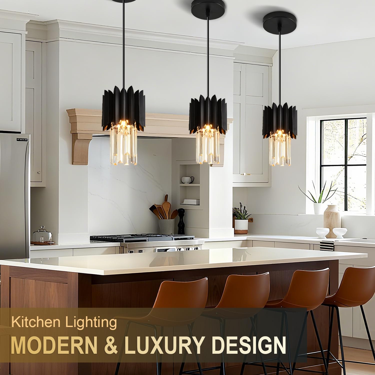 1-Light Modern Semi Flush Mount Ceiling Pendant Light Fixture, Round Pendant Lights Kitchen Island, Black Crystal Chandelier for Living Room Bedroom Hallway Entryway