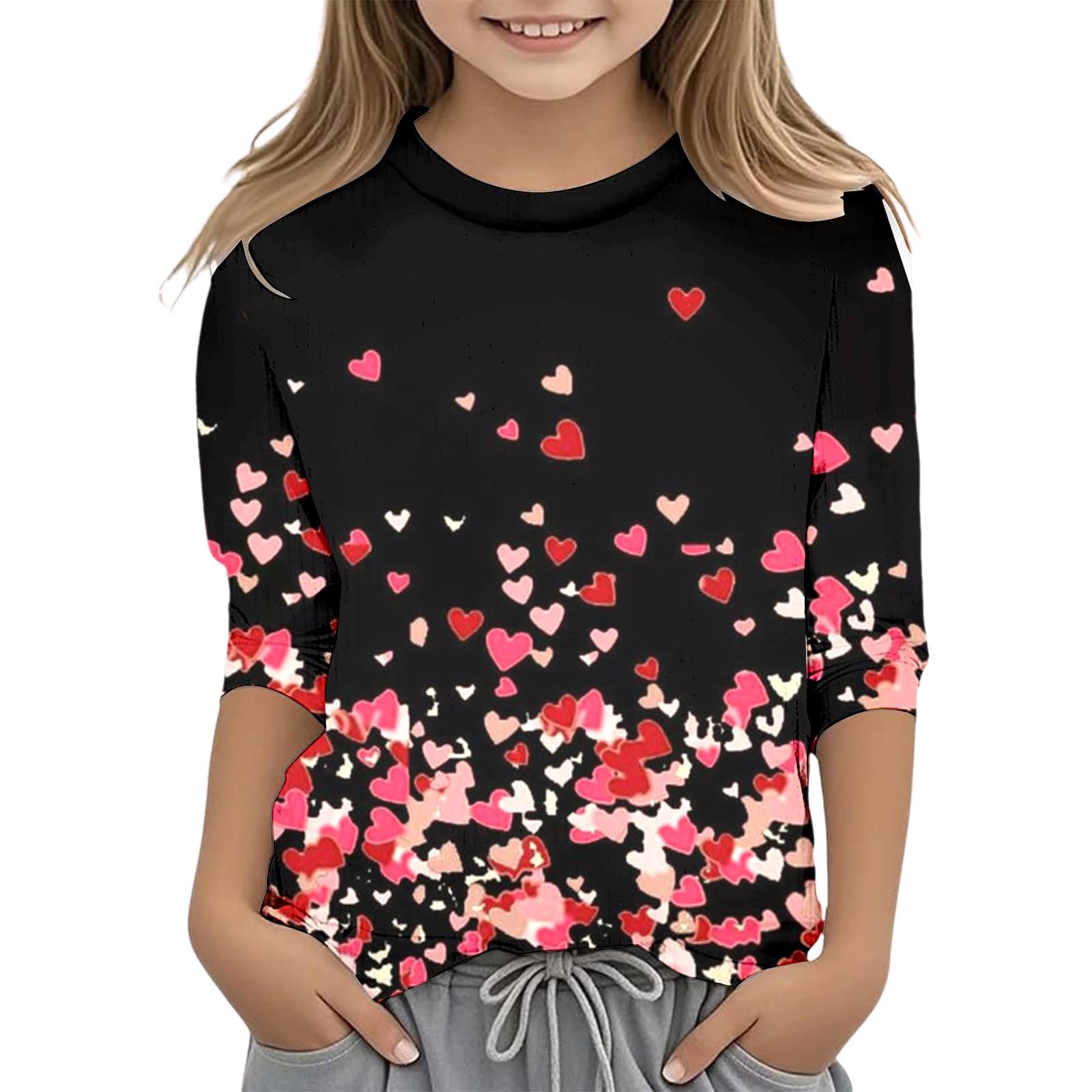 Modisches Mädchen T-Shirt für Valentinstag mit Rundhalsausschnitt 3/4-Ärmeln in lässigem Design