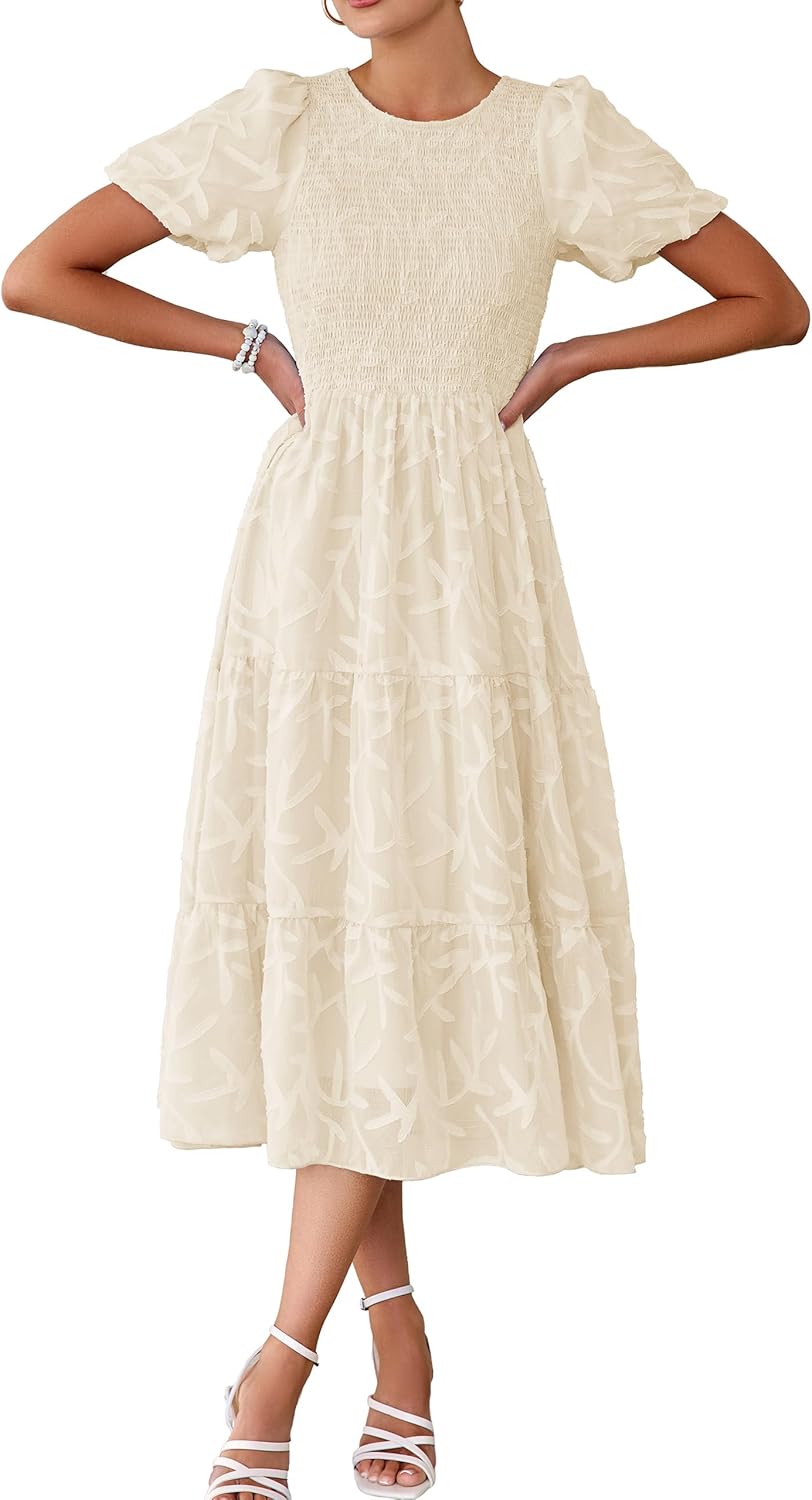 BerryGo Womens Summer Chiffon Midi Dress Short Sleeve Flowy Smocked Crewneck A Line Tiered Wedding Guest Dresses 2026 - Image 2