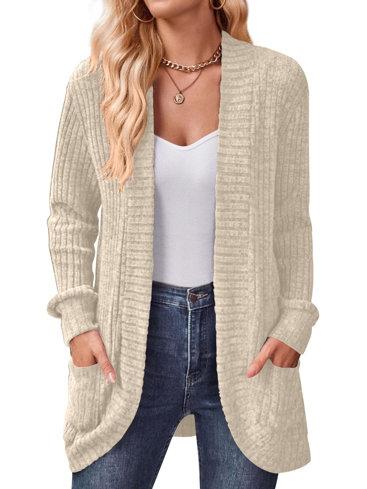 Womens Long Cardigan Lightweight Sweater Open Front Long Sleeve Outfits with Pockets