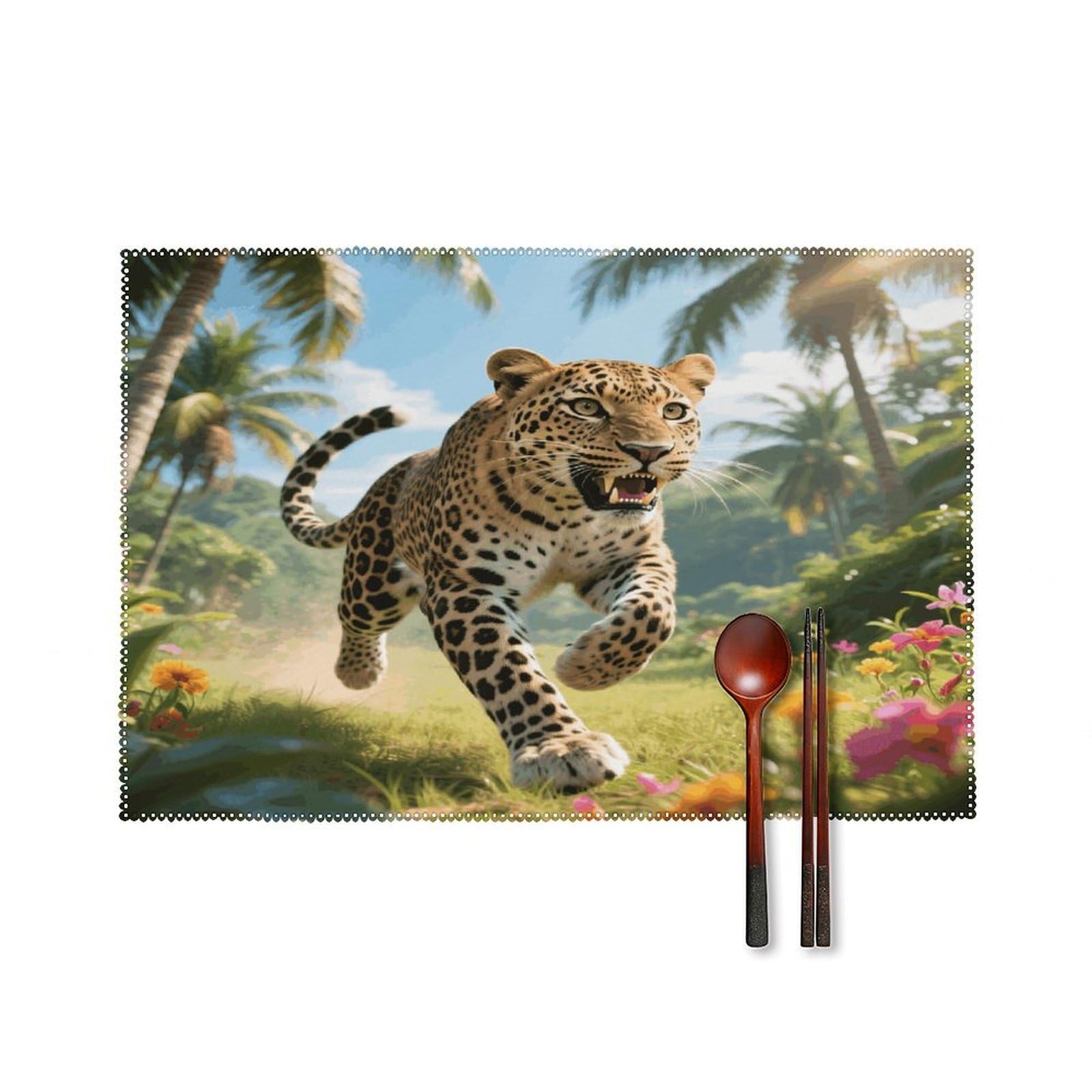 Tropical Cheetah Placemats Set of 4 Heat Resistant Non-Slip Place Mats for Dining Table Washable Placemat Wipeable Dining Table Mat Canvas Place Mats Dining Table Decor