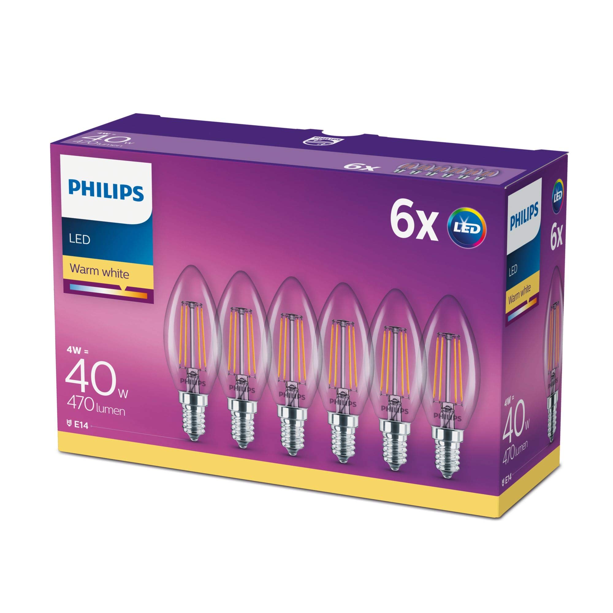 PHILIPS LED Lampadina Oliva filamento, 6 pz, 40W, Attacco E14, Luce Bianca Calda, Non Dimmerabile