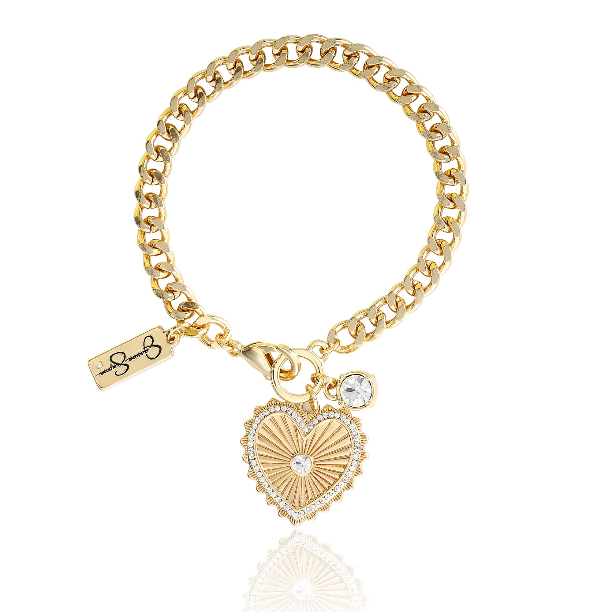 Jessica Simpson Womens Heart Charm Bracelet - 7.5" Gold-Tone Charm Bracelet with Rhinestone Embellishments