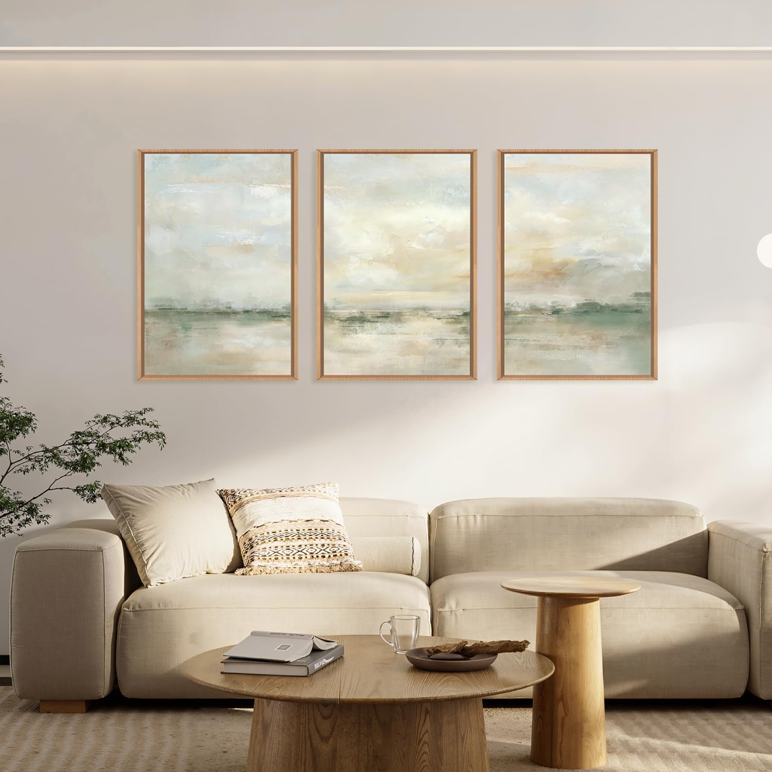 Ausril Large Abstract Green Gray Pastel Framed Canvas Wall Art,Neutral Landscape Wall Decor,Modern Watercolor Lake Artwork,Beige Textured Illustrations Art for Living Room,Bedroom,Office- 16"x24"x3 — view 3