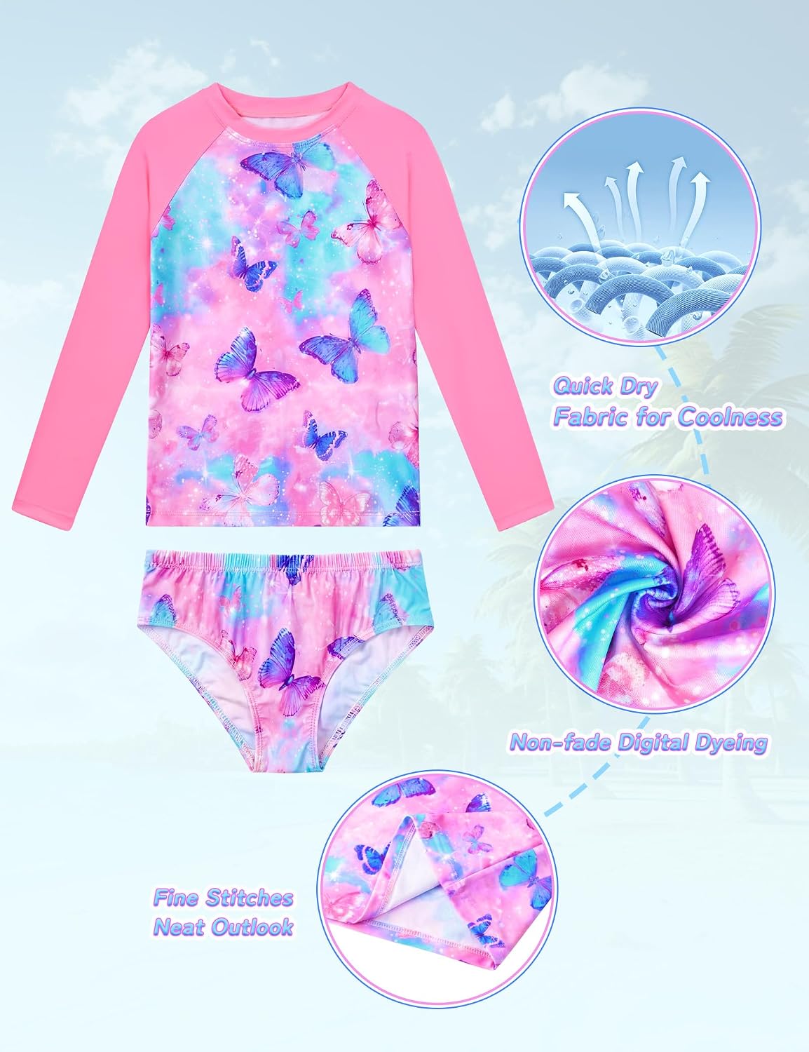 Girls Swimsuit Two Piece Rash Guard Sets Long Sleeve UPF 50+ Bathing Suit Size 3-12 Years