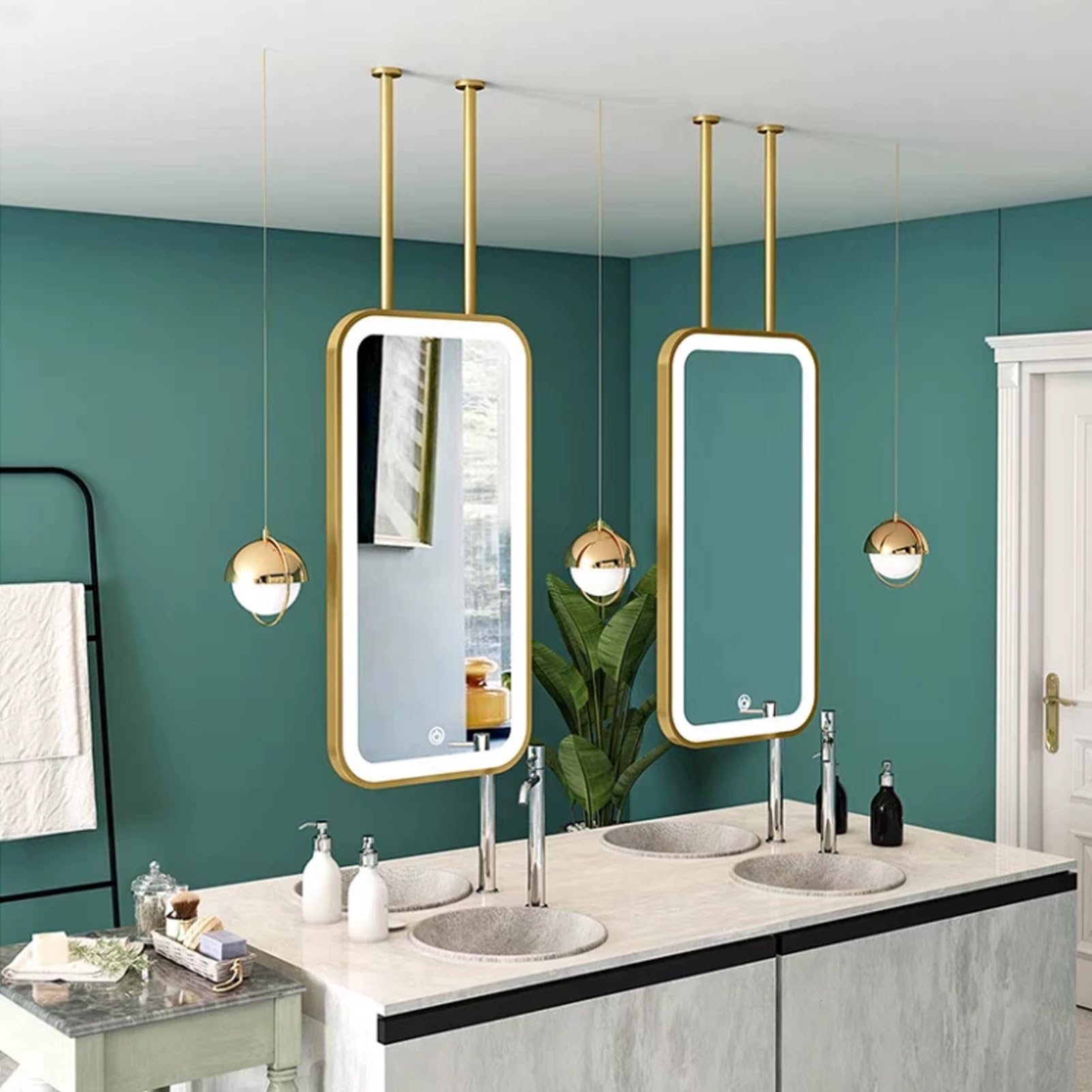 FGXHHS Ceiling Hanging Mirror with Metal Frame｜Wall-Mounted Rectangle LED Bathroom Suspended Floating Mirrors for Decorative Vanity Shaving Mirrors，Easy to Install(40cmx60cm)