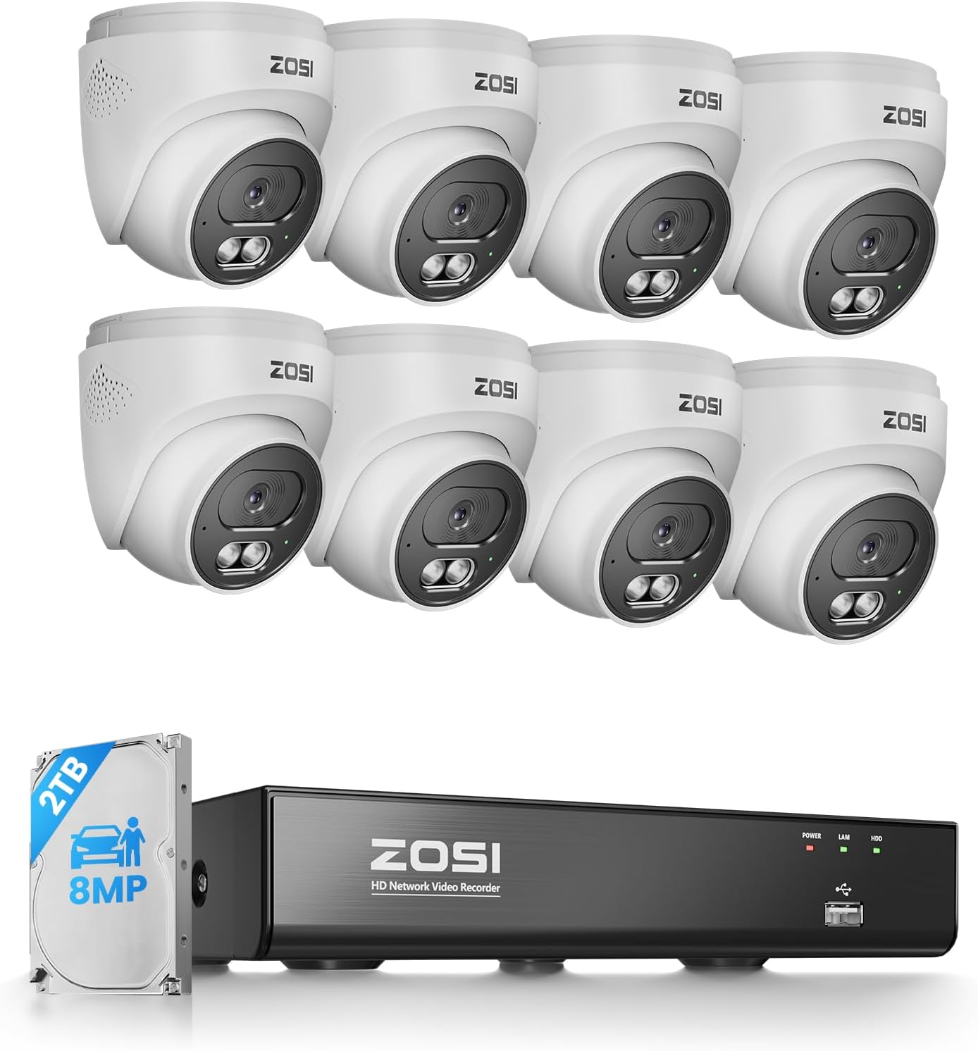 ZOSI C220 4K 8MP 8CH POE NVR Security Camera System (16CH Expandable), 8 x 8MP PoE IP Dome Cameras Outdoor Indoor, AI Human/Vehicle/Face Detection, Two-Way Talk, 100ft IR Night Vision, 2TB HDD