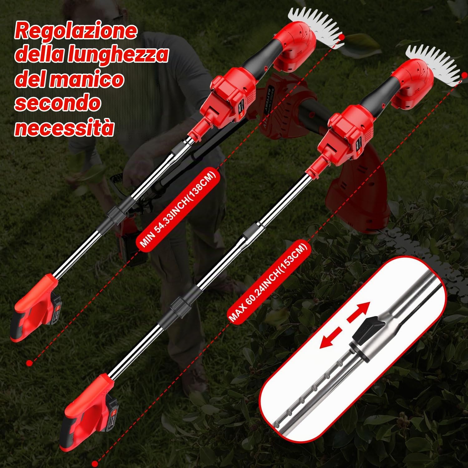 3 in 1 Tagliasiepi a Batteria Telescopico,Cesoie e Tagliasiepi senza fili,Tagliasiepi Elettrico con 2 * 2.0Ah Batteries,Raggio d'azione fino a 4m, Lunghezza Lama 200 mm e 155 mm, potare gli alberi, ta