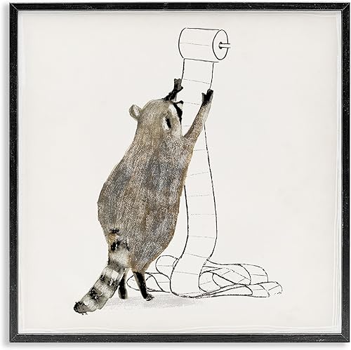 Stupell Industries Papel higiénico de mapache acaparador de animales del bosque, diseño de Victoria Barnes, arte de pared enmarcado negro, 12 x 12