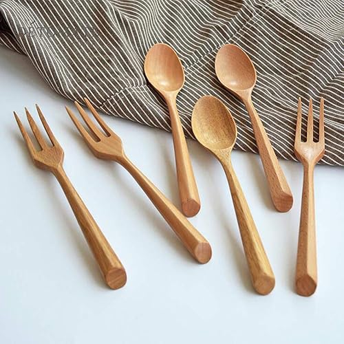 Miniatura 6 de Kyien - Juego de 6 cucharas y tenedores de madera para sopa de madera natural, cubiertos de madera ecológicos, tenedor y cuchara de madera, 3