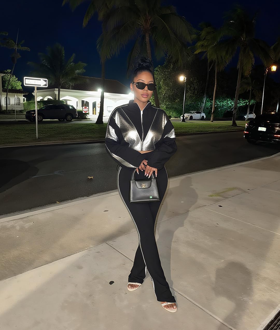 Women 2 Piece Outfit Long Sleeve Zip Up Crop Jacket High Waist Stretchy Pants - Image 5