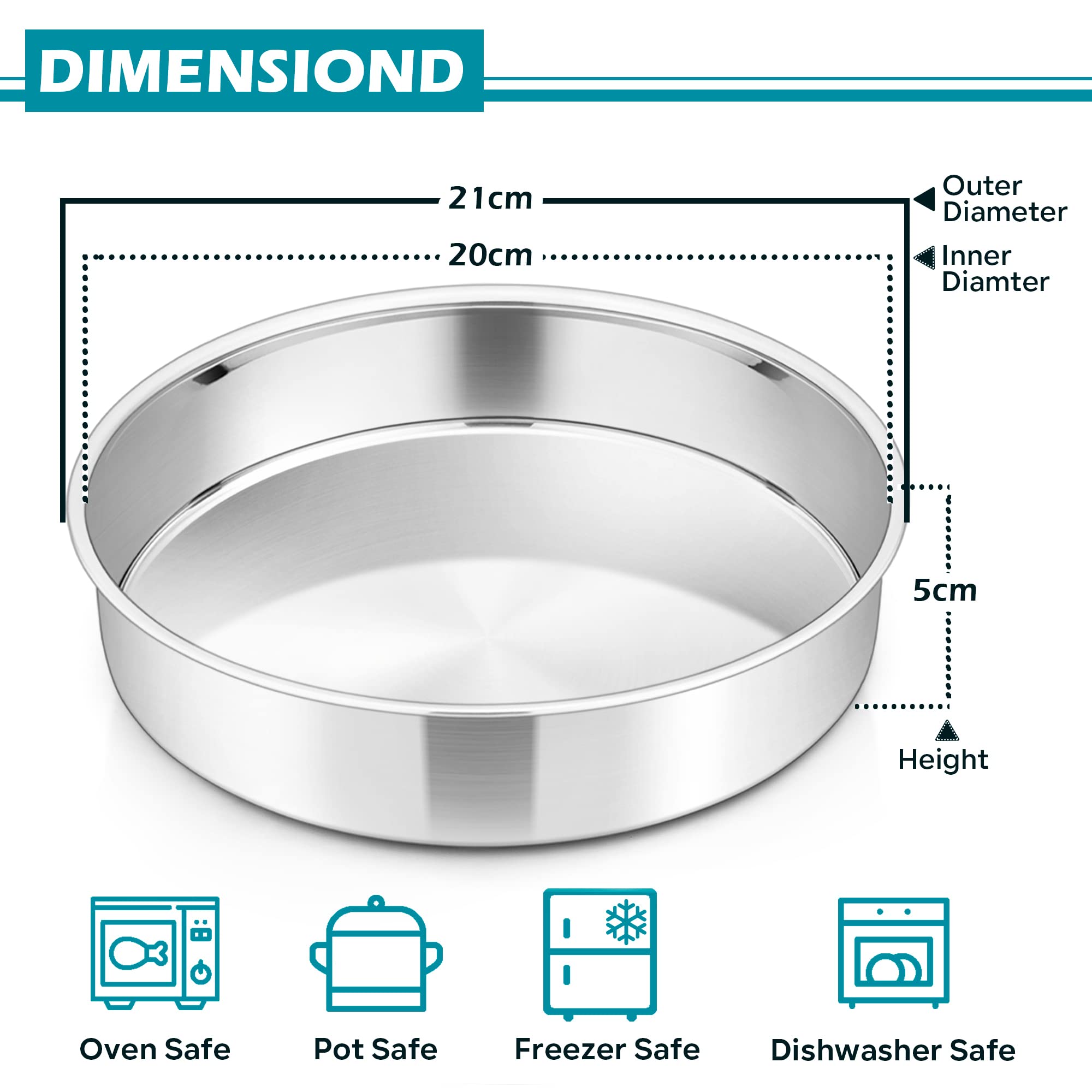Herogo Set di 2 tortiere rotonde antiaderenti in acciaio inox, 7,5 cm, per brownie, torte, lasagne, torte, sane e atossiche, durevoli e facili da pulire (21,2 cm, nero