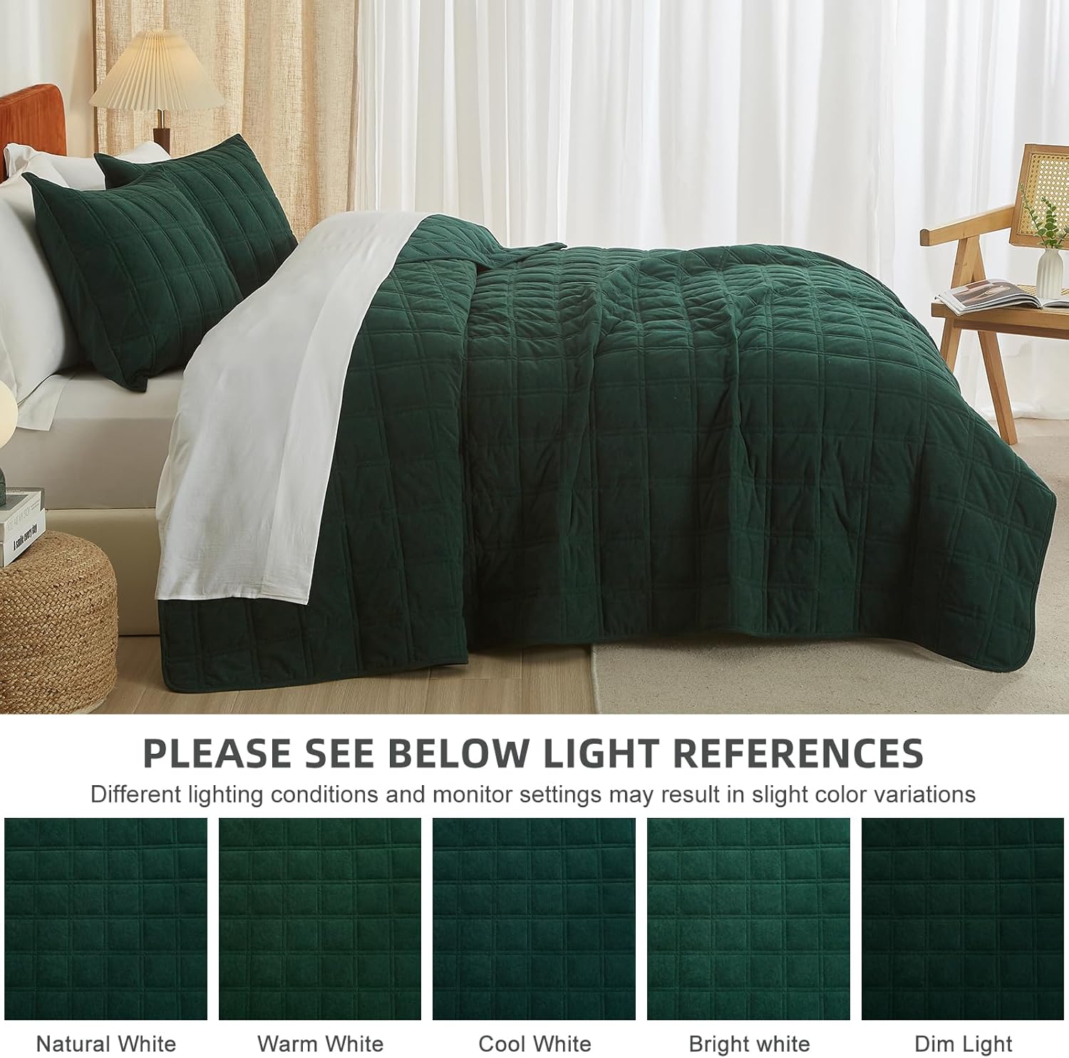 Velvet Quilt Set Green Quilt, Lightweight Soft King Comforter Set, Bedspread Coverlet with 2 Matching Pillow Shams, Velvet Comforter Bedding Set for All Season (Forest Green, Checkered) - Image 6