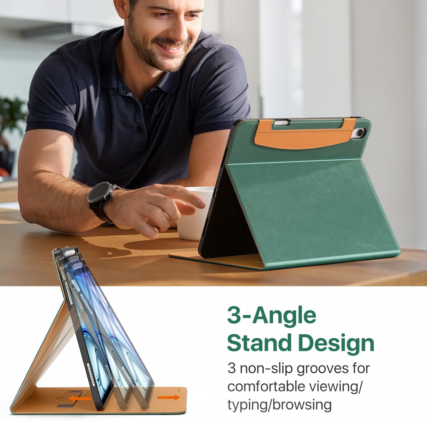 MoKo Case for iPad Air 13-inch (M4) 2026 / (M3) 2025 / (M2) 2024 with Pencil Holder & Hand Strap & Pocket, Premium Leather Folio Stand Cover, Multiple Viewing Angles, Green