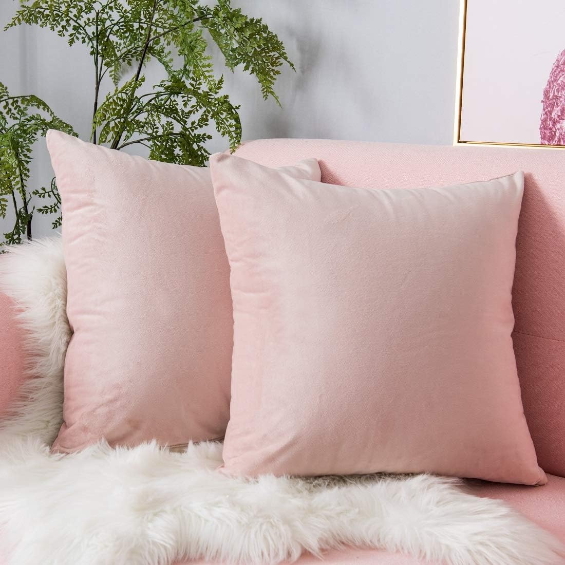 Yamonic Velvet Soft Soild Microfiber Decorative Square Pillow Case Throw Cushion Cover for Sofa Bedroom Car with Invisible Zipper (18"x18",2 Pieces, Pink)