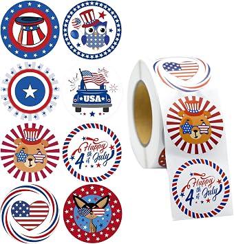 500PCS 4th of July Round Stickers, 1.5In, 8 Designs