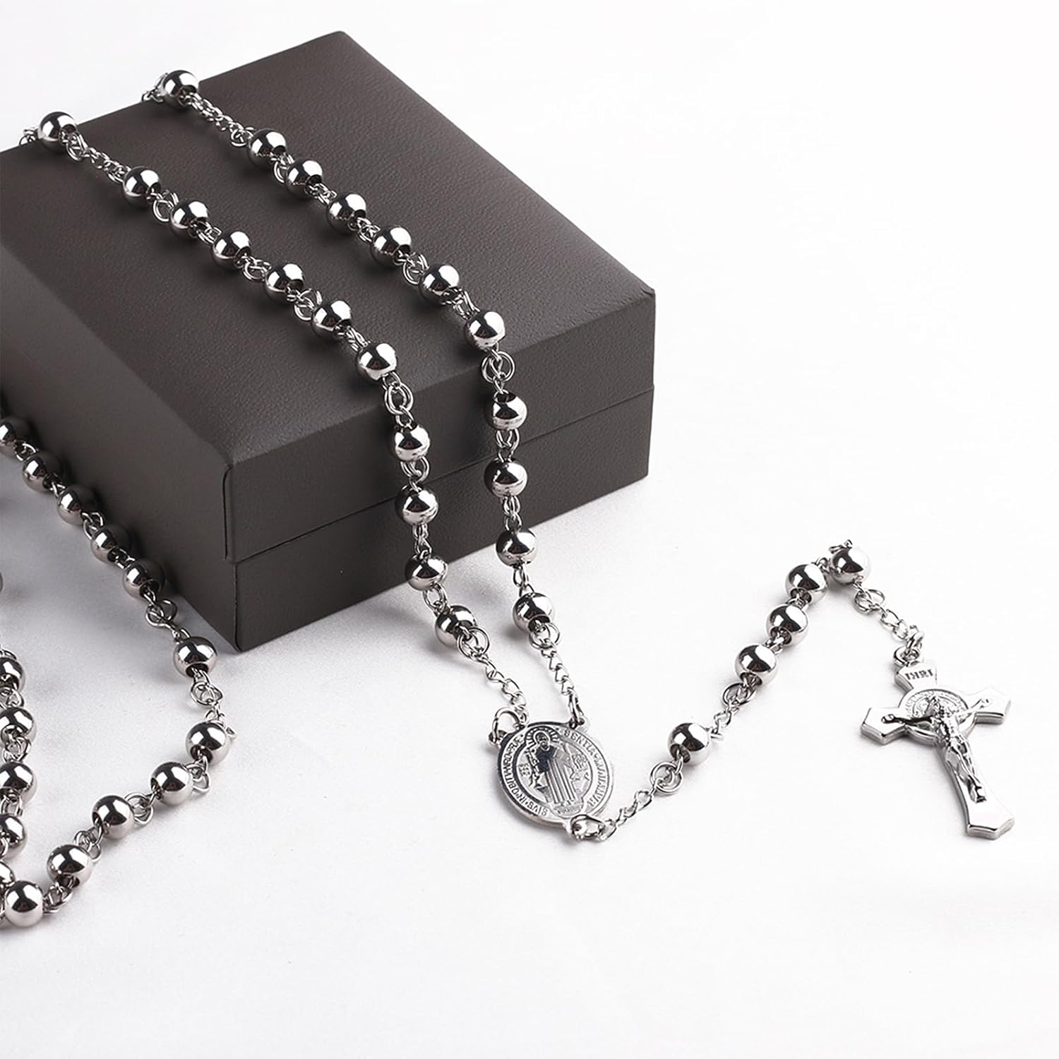 6mm Beads Stainless Steel Saint Benedict and Crucifix Cross Pendant Rosary Necklace with Gift Box - Image 4